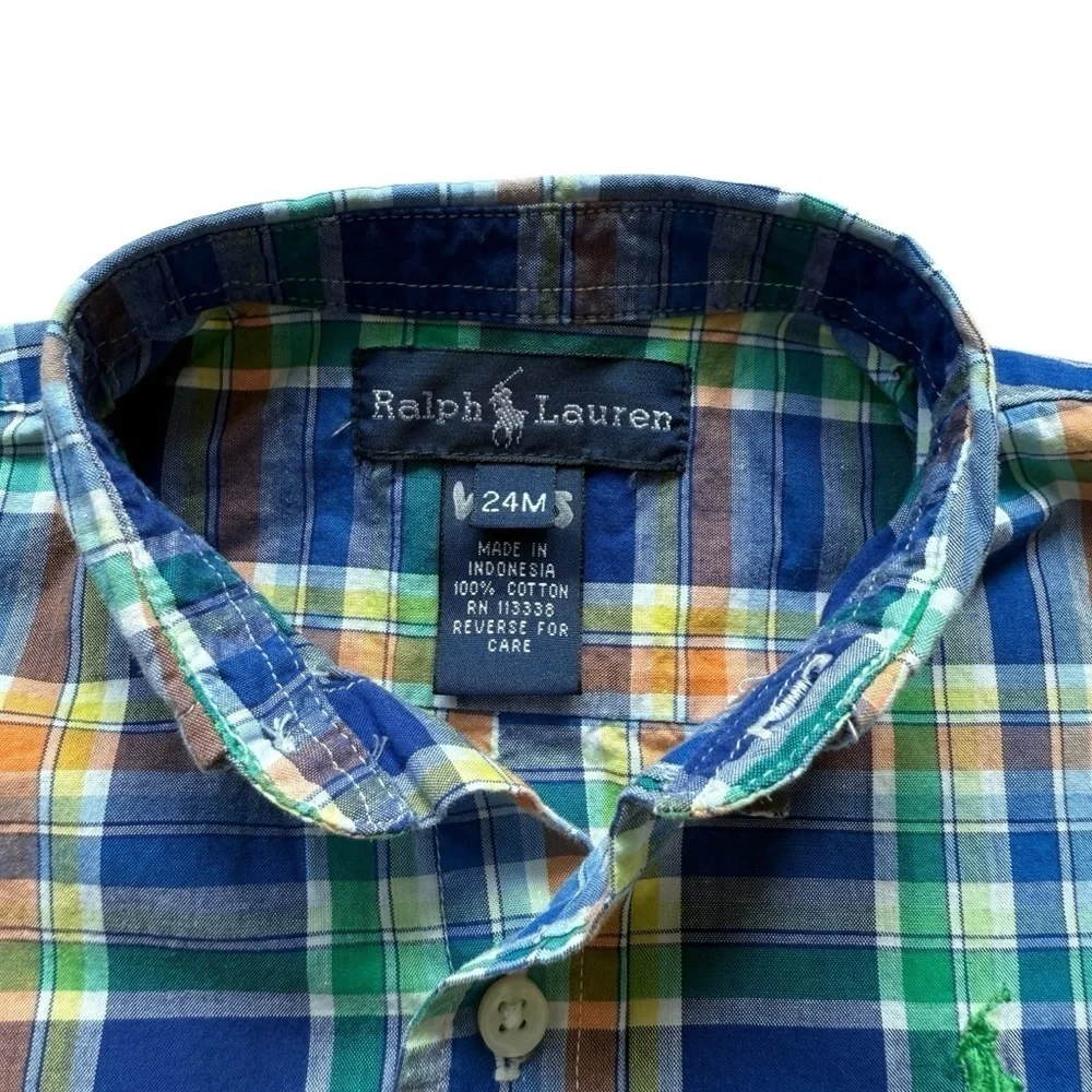 Ralph Lauren Baby Boy Madras Plaid Short Sleeve Button Down Shirt 24M Casual